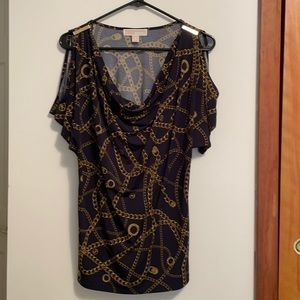 Michael Kors Navy & Gold Cold Shoulder Top- M